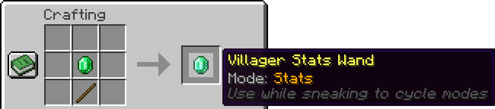 The crafting recipe for the Villager Stats Wand (an Emerald placed above a Stick)