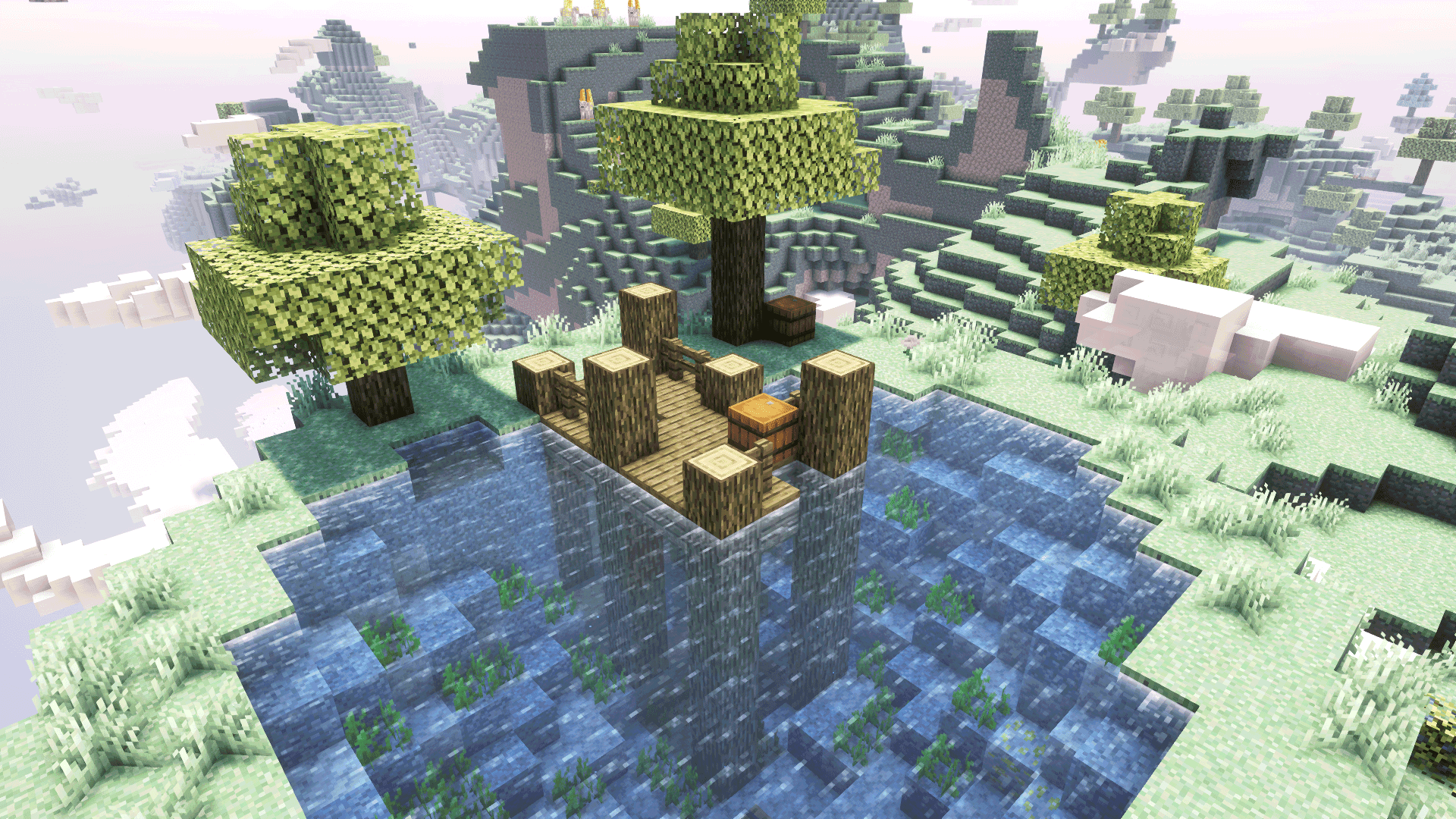 floating island with a sky lake and dock