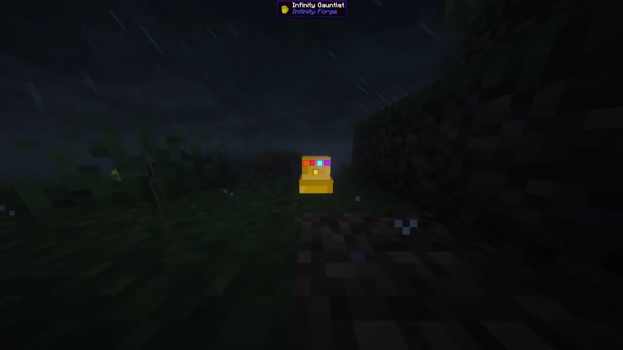 A closeup shot of the Infinity Gauntlet with glowing Infinity Stones in the rain