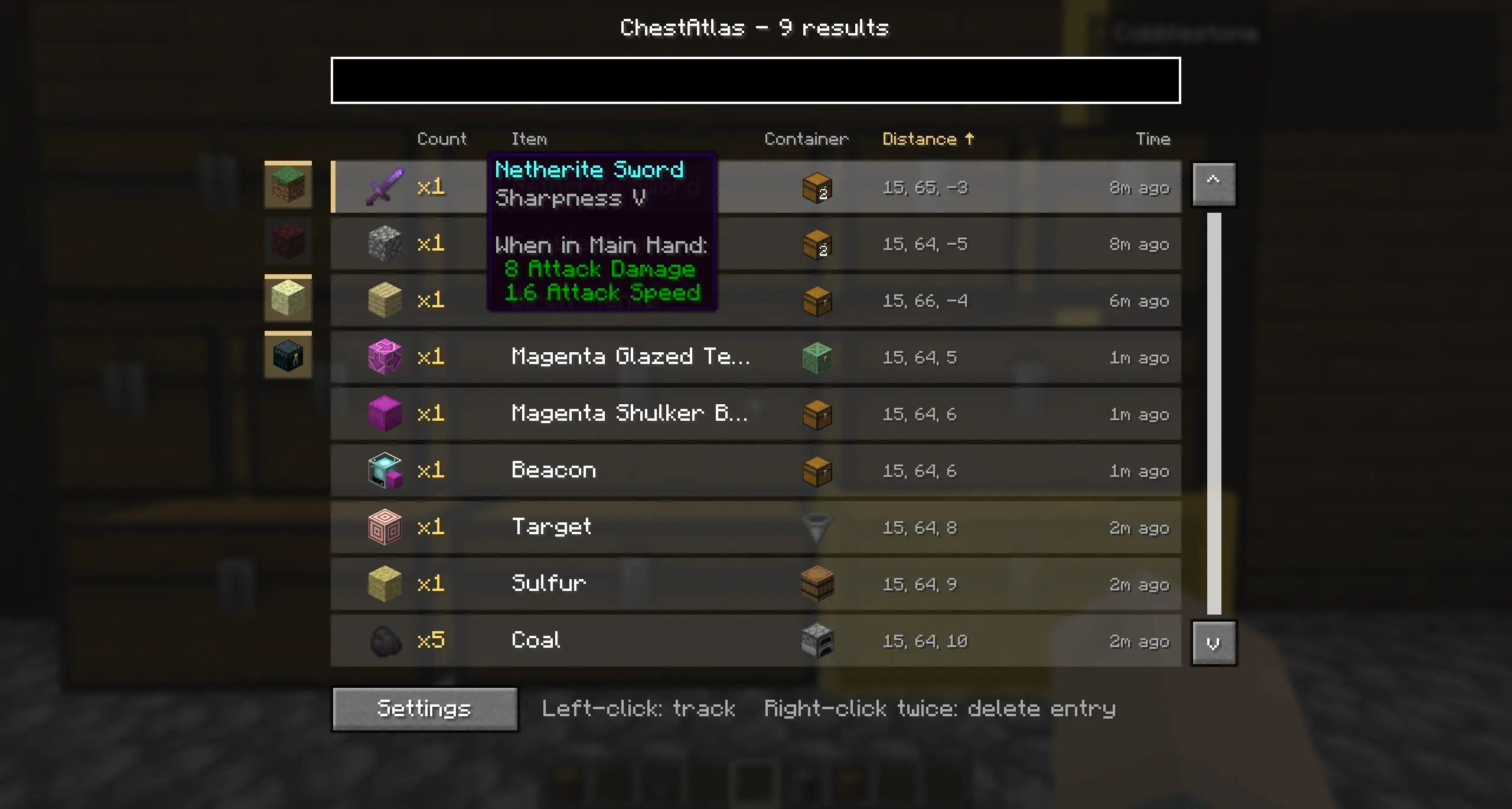 The search screen open with a full list of items