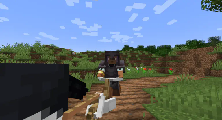Frontal view of player, holding the handles of a plough. A trail of ploughed ground is behind the player and a horse is partially visible beside the camera.
