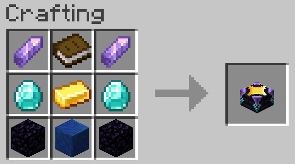 recipie for altar, from top to bottom of the grid : amythyst, book, amythyst, diamond, gold, diamond, obsidian, lapis block, obsidian