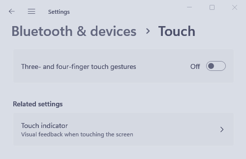 The settings app opened to "Bluetooth & devices" → "Touch." The switch is set to "Off."