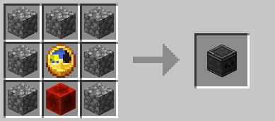 Minecraft crafting recipe for the Redstone Timer block: cobblestone in the top row, cobblestone on the middle left and right, a clock in the center, cobblestone on the bottom left and right, and a redstone block in the bottom center.