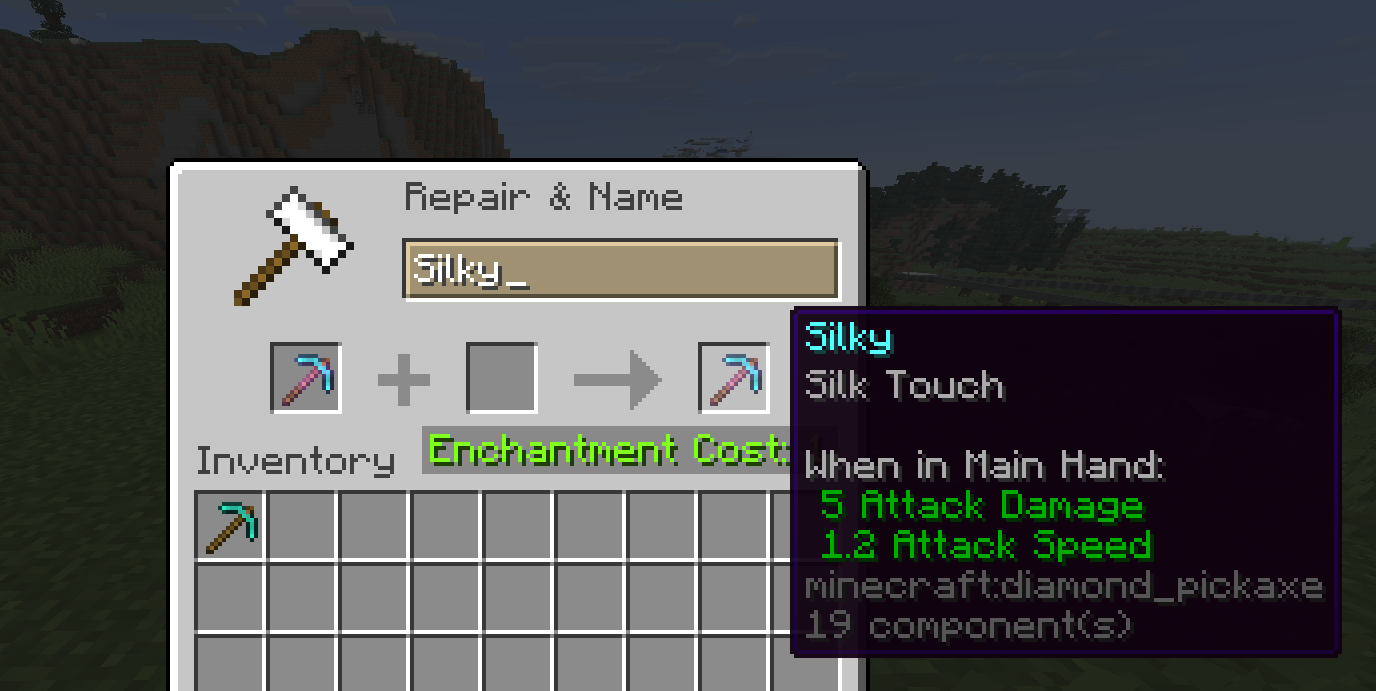 A renamed diamond pickaxe that maintains its rarity color but doesn't show slanted text