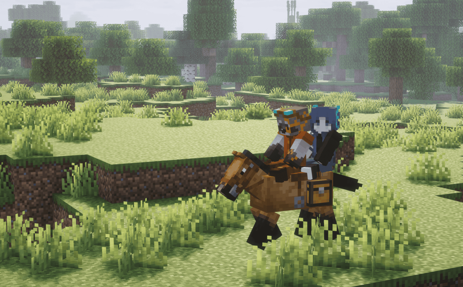 Two players riding a horse