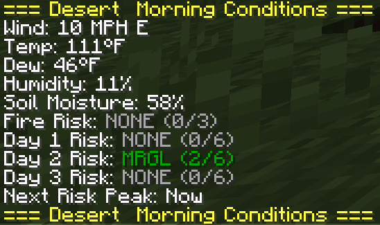Shows text in the minecraft chat titled, Desert Morning Conditions, showcasing an automated message sent from a weather station in the desert