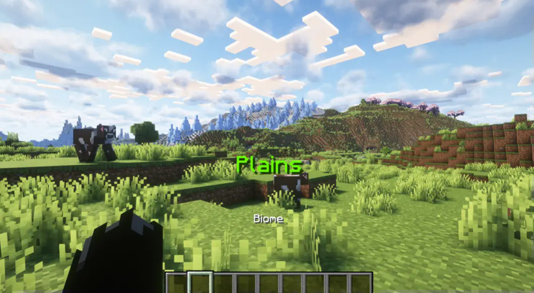 An example of the datapack working - a player walking into a plains biome and being greeted by a biome introduction.