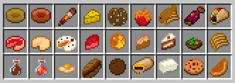 An image of 27 of the foods available for the datapack