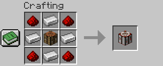 Put the crafting table in the center, iron ingots in the edges, and redstone dust in the corners.