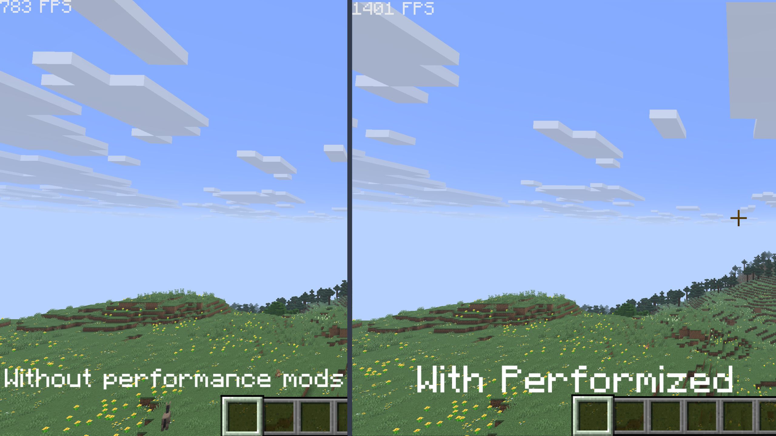 Without performance mods: 783 FPS; with Performized: 1401.