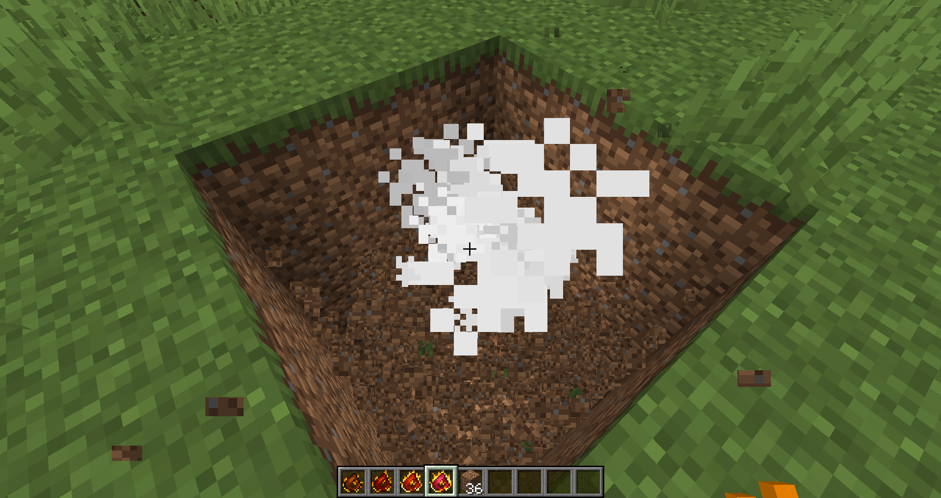 A destruction catalyst poof over a 3x3x12 hole in grass