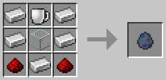 row one: Iron Ingot, Mug, Iron Ingot. Row 2: Iron Ingot, Glass, Iron Ingot. Row 3: Redstone, Iron Ingot, Redstone