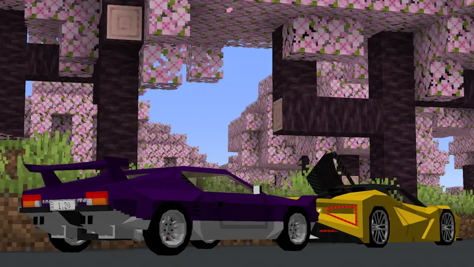 De Tomaso Pantera and Lotus Evija from the SVMP3 trailer parked on the side of the road in a cherry grove biome