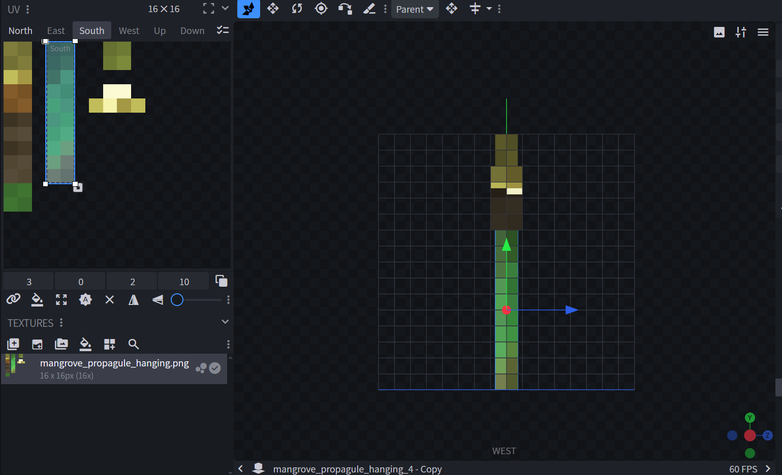 the vanilla model, showing the vanilla texture, and the top and bottom cross elements being seperate.