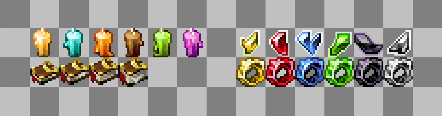 The image shows four groups of Minecraft style pixel art items arranged on a gray checkerboard background. In the upper left are six colorful candles, each with a different color and a small flame. In the lower left are four similar books with brown and gold covers and visible red and white page details. In the upper right are seven brightly colored crystalline shards in different colors, including yellow, red, blue, green, purple, gray, and cyan. In the lower right are six circular crystal rings or crystal infused rings, matching several of the shard colors. All items have a small pixel art style with dark outlines, highlights, and shading.