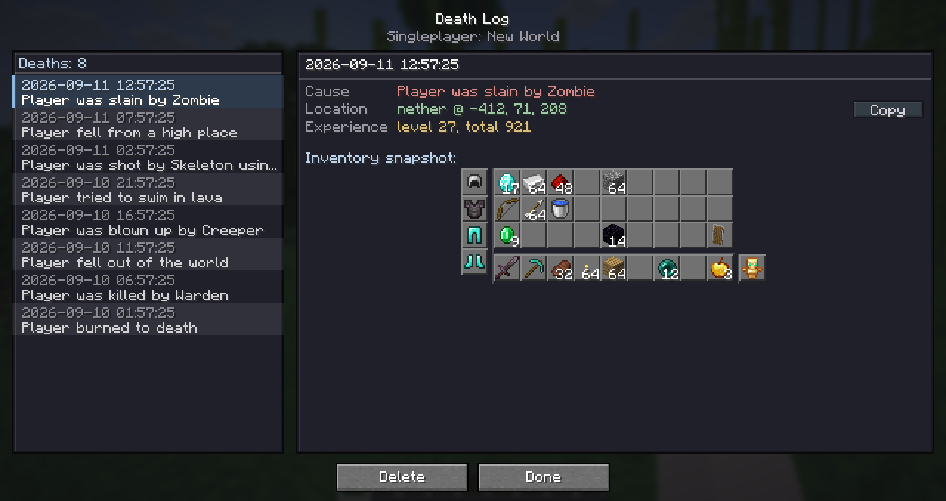 Death log menu