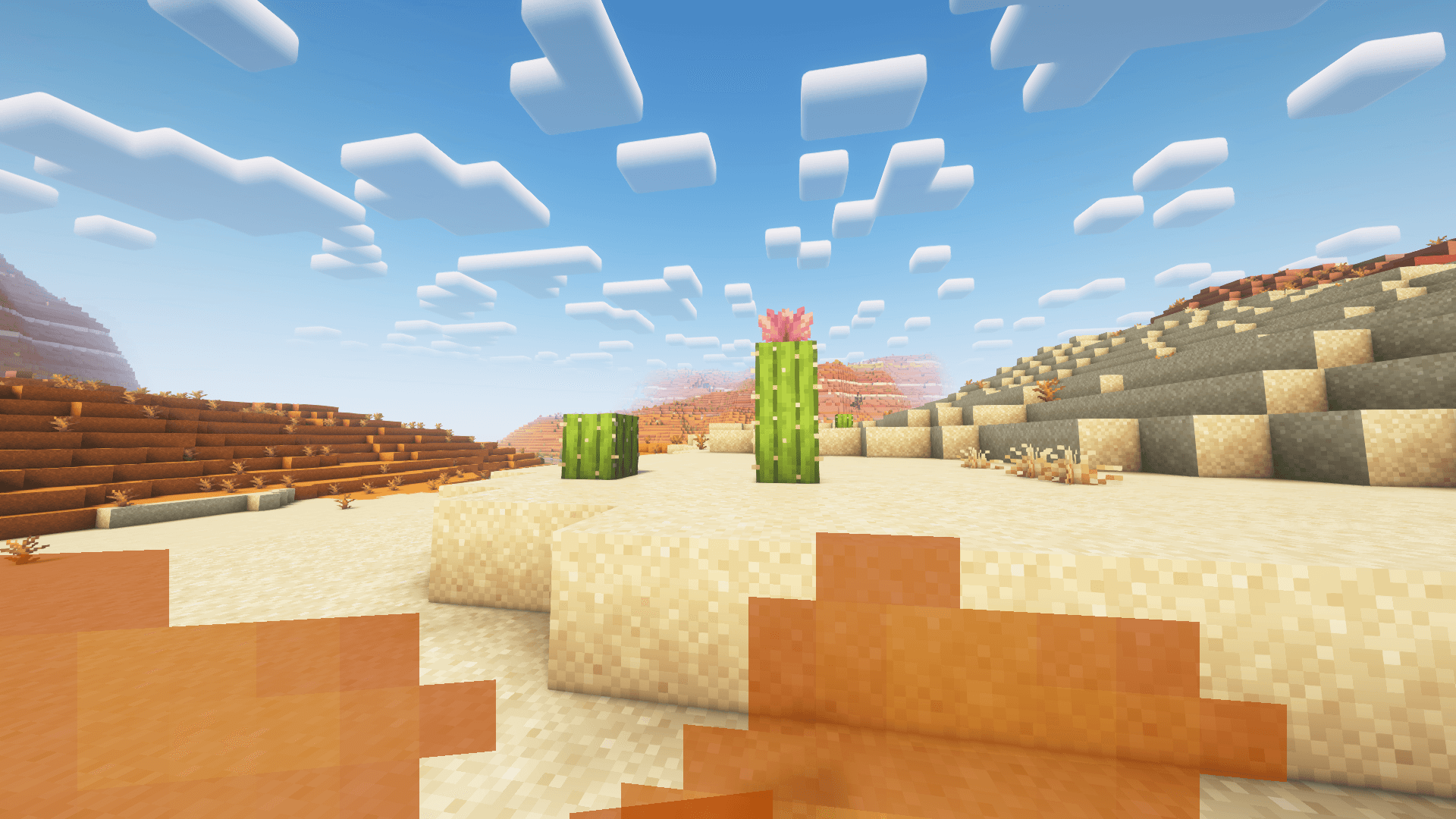 The player is in a desert and is on fire with the 'Better Fire' resource pack enabled
