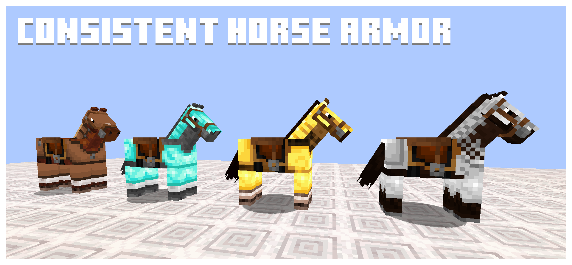 There are four horses, each one wearing a different set of horse armor. The resource pack, Consistent Horse Armor, has been applied.