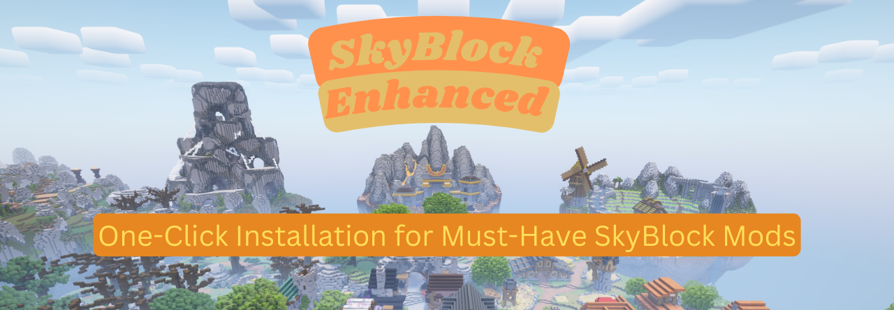 A picture of the skyblock hub and the text One click installation of must-have skyblock mods