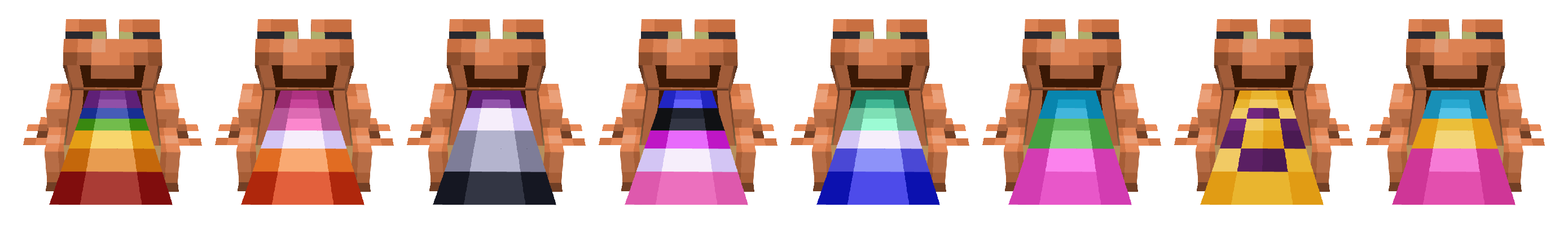 A series of Minecraft frogs looking at the viewer with their toungues out, their toungues are painted in various patterns representing Pride flags.