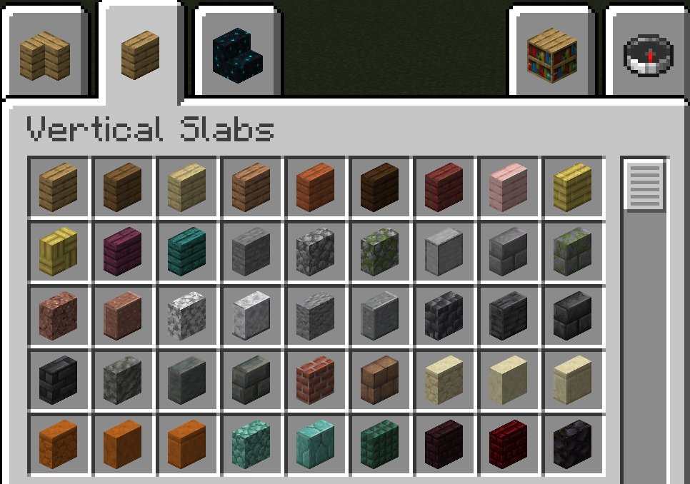 In-game screenshot of the custom creative inventory tab filled with vertical slabs