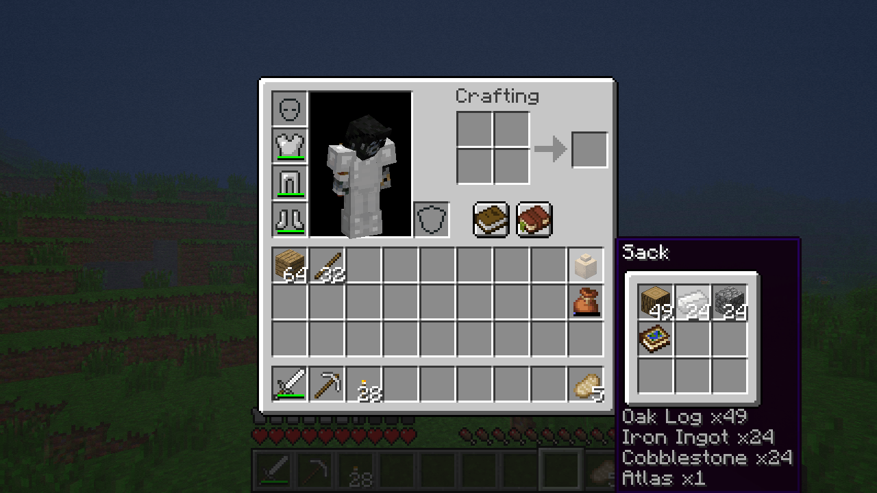 Player checks the items stored in their sack inside their inventory, it seems to hold 9 stacks of items.