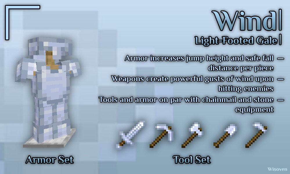 Wind: armor increases jump height and safe fall distance. Weapons summon gusts of wind on hit, sending enemies into the air. Equipment stats on par with chainmail and stone.