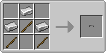 Recipe for the Handle, Iron Ingot middle top, Iron Ingot middle left, Stick middle, Iron Ingot middle left, Iron Ingot middle right, Stick bottom left, Stick bottom right