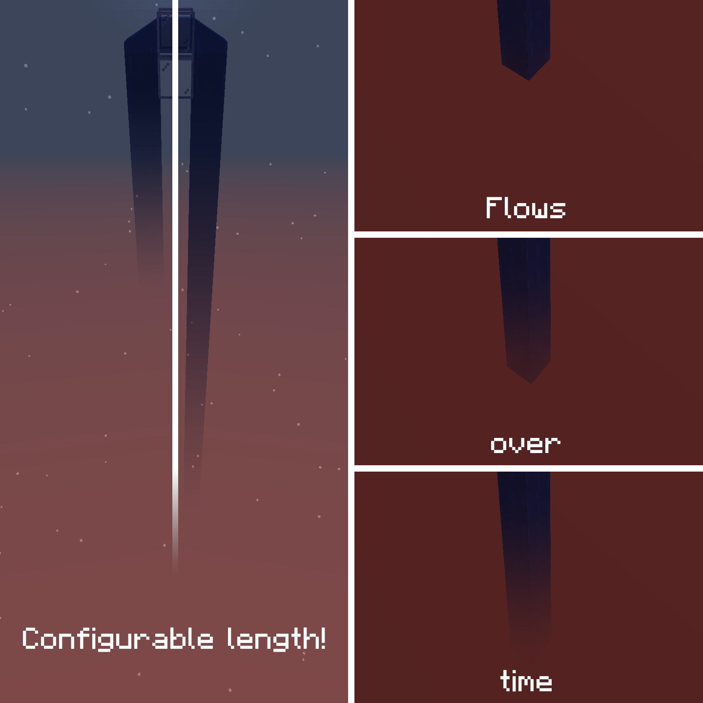 The length that fluids can flow is configurable. Fluids also flow into the void one block at a time.