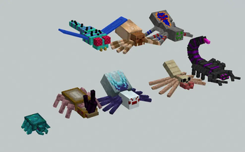 Left to right, top to bottom: Buzzblade, Savannah Scuttler, Vaulting Spider, Nether Scarab, Burdenbeetle, Snow Spider, Dune Dasher, End Scorpion