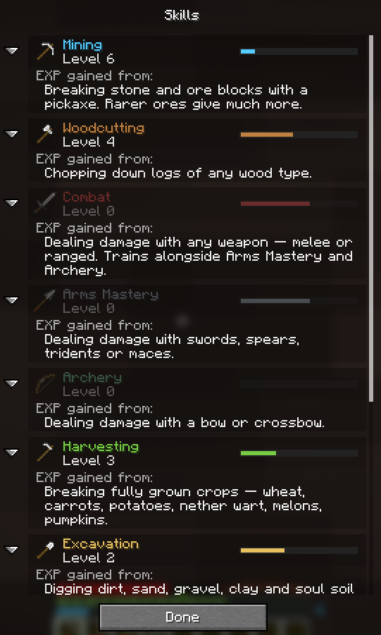 The Skills screen, each skill listing its XP sources