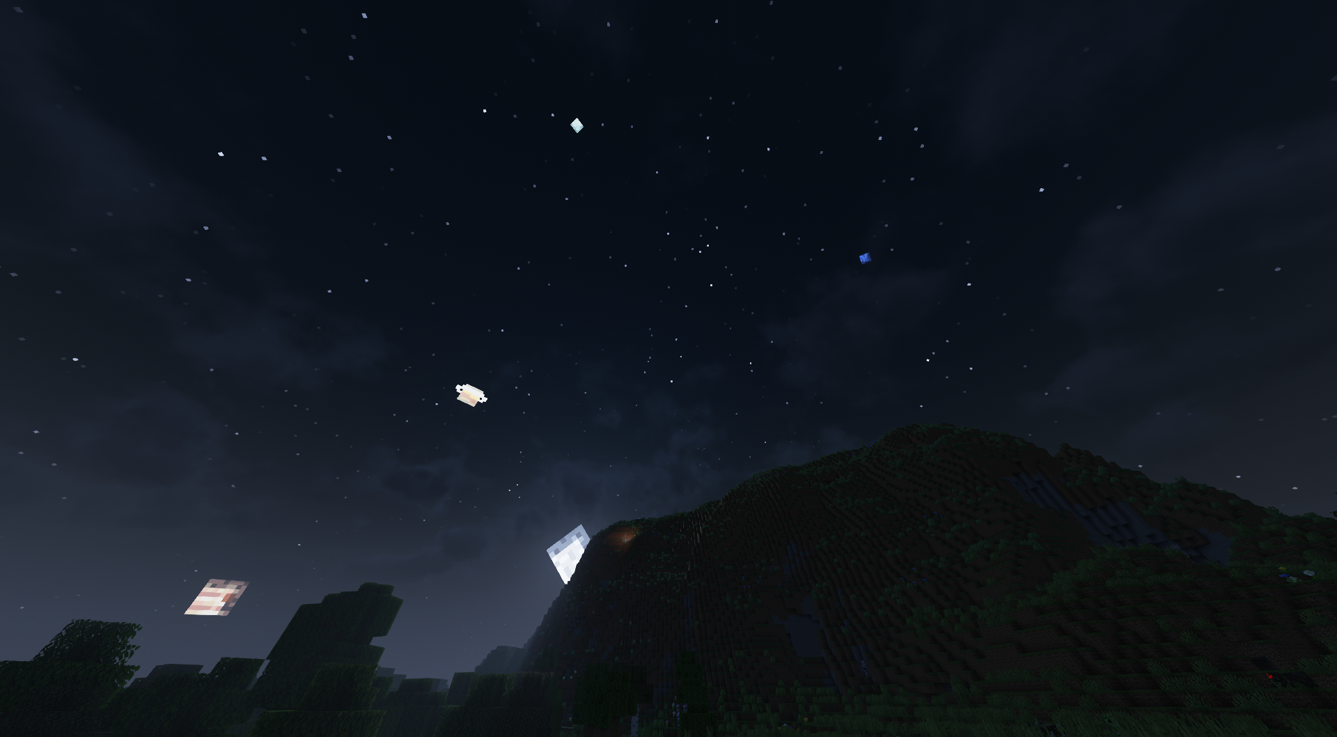 Vanilla MC moon and the Gas Giants above a hilly area.