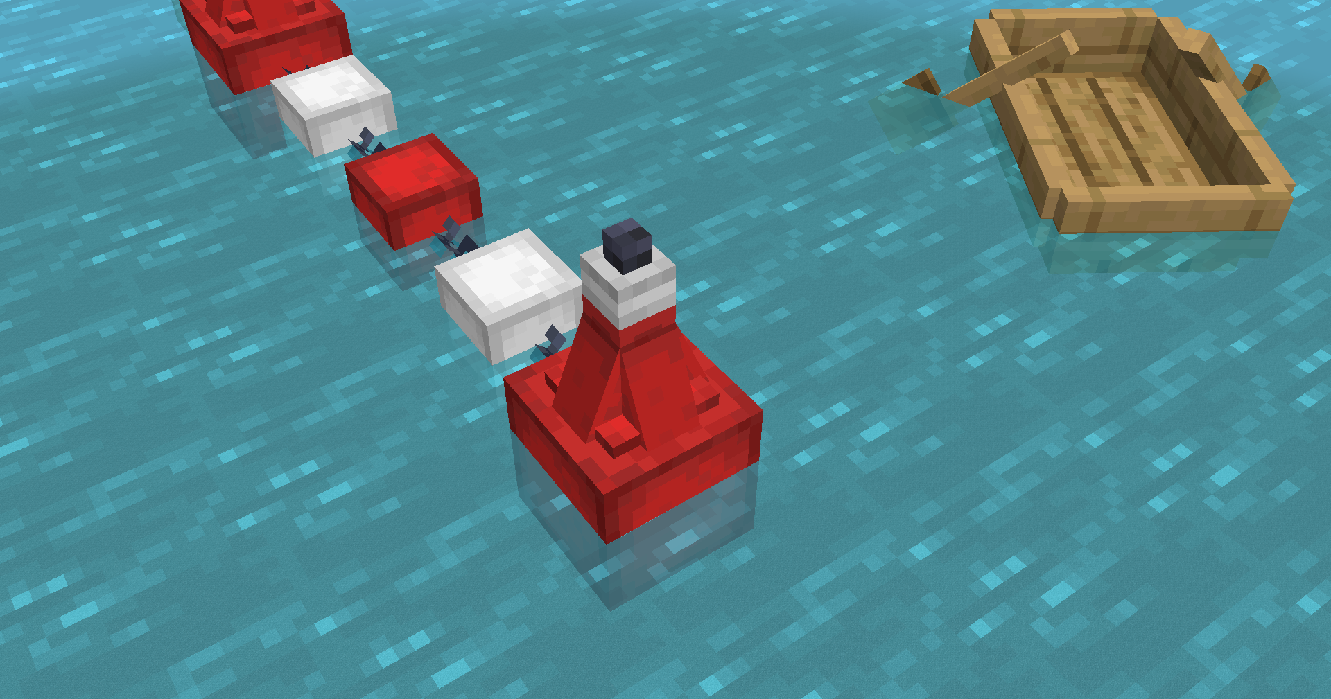 All different buoy and chain buoys, and respective wool blocks, next to each other.
