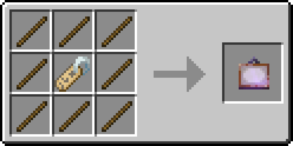 A screenshot from the crafting recipe, consisting of an Name Tag with 8 Sticks surrounding it.