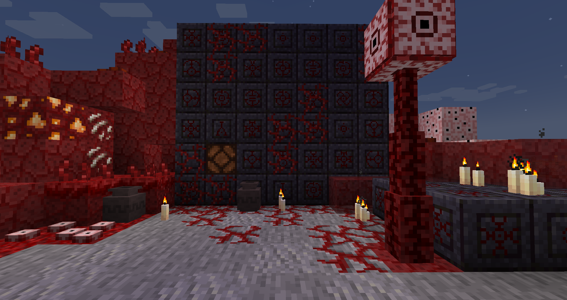 A large runic contraption surrounded by flesh blocks