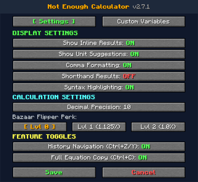Settings GUI (/calcconfig) or via Mod Menu (v2.7.1+)