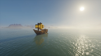 lonely boat on a vast ocean 