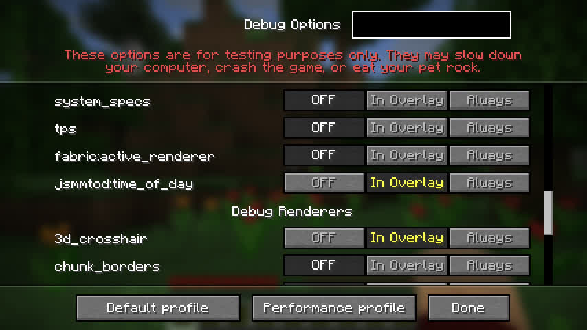 The mod in the debug menu