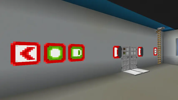 A handful of signs in a corridor.