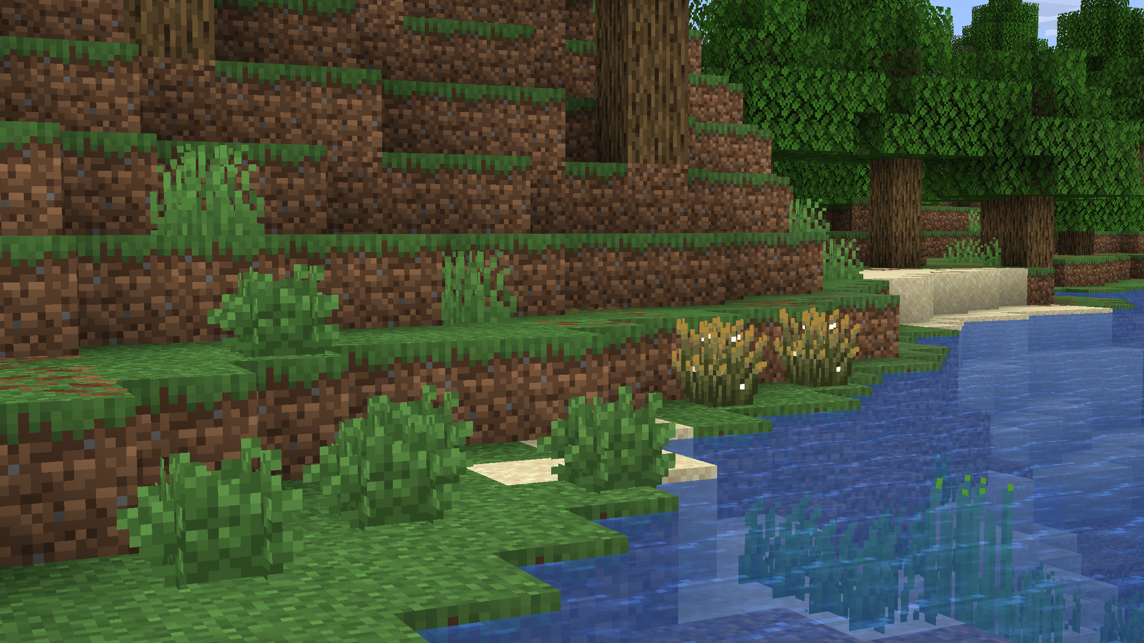 Minecraft scene showcasing remodeled bushes and firefly bushes next to a river