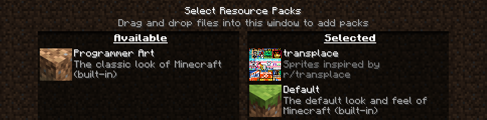 Resource pack selection screen