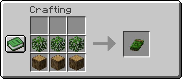 The crafting recipe for an Oak Leaf Bed: 3 Oak Leaves across the middle row, 3 Oak Logs on across the bottom row results in 1 Oak Leaf Bed in the output slot