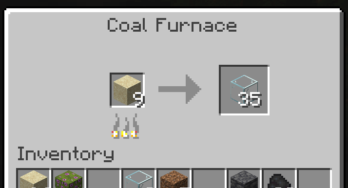A coal furnace's menu showing sand being smelted into glass. The furnace is nearly depleted.