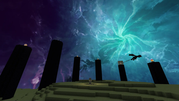 The End pillars with the Ender Dragon flying by