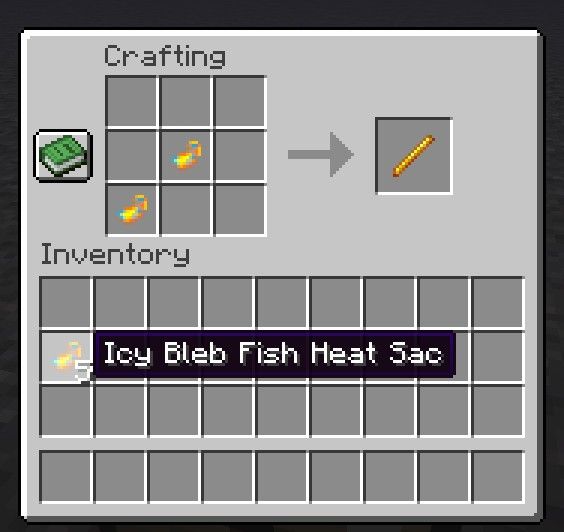 The crafting recipe for turning heat sacs into blaze rods