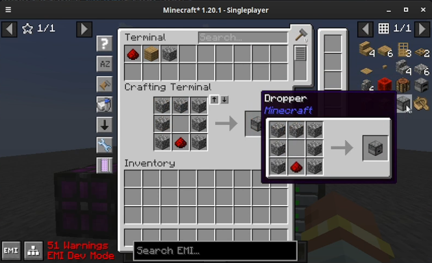 Clicking on a recipe brings the items from the system to the crafting terminals' grid.