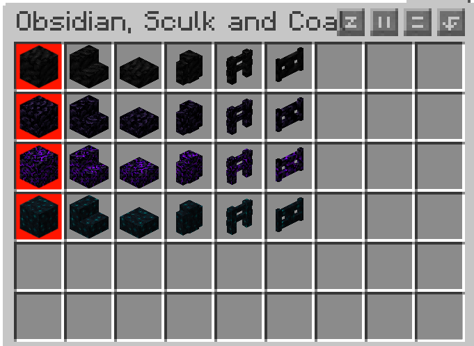 Obsidian, Sculk and Coal Varieties.