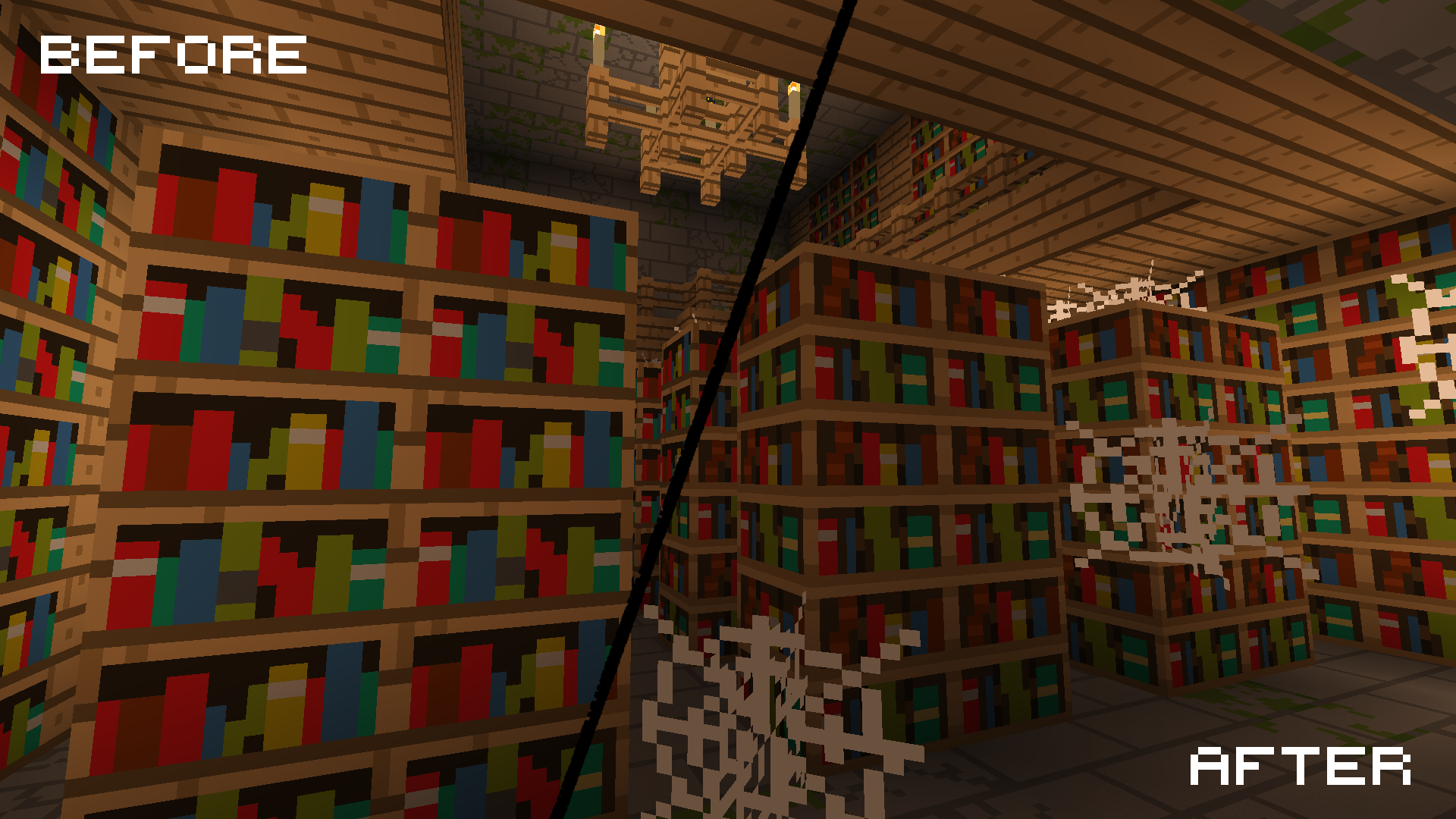 A before and after shot of a stronghold library, with the retextured bookshelves on the right