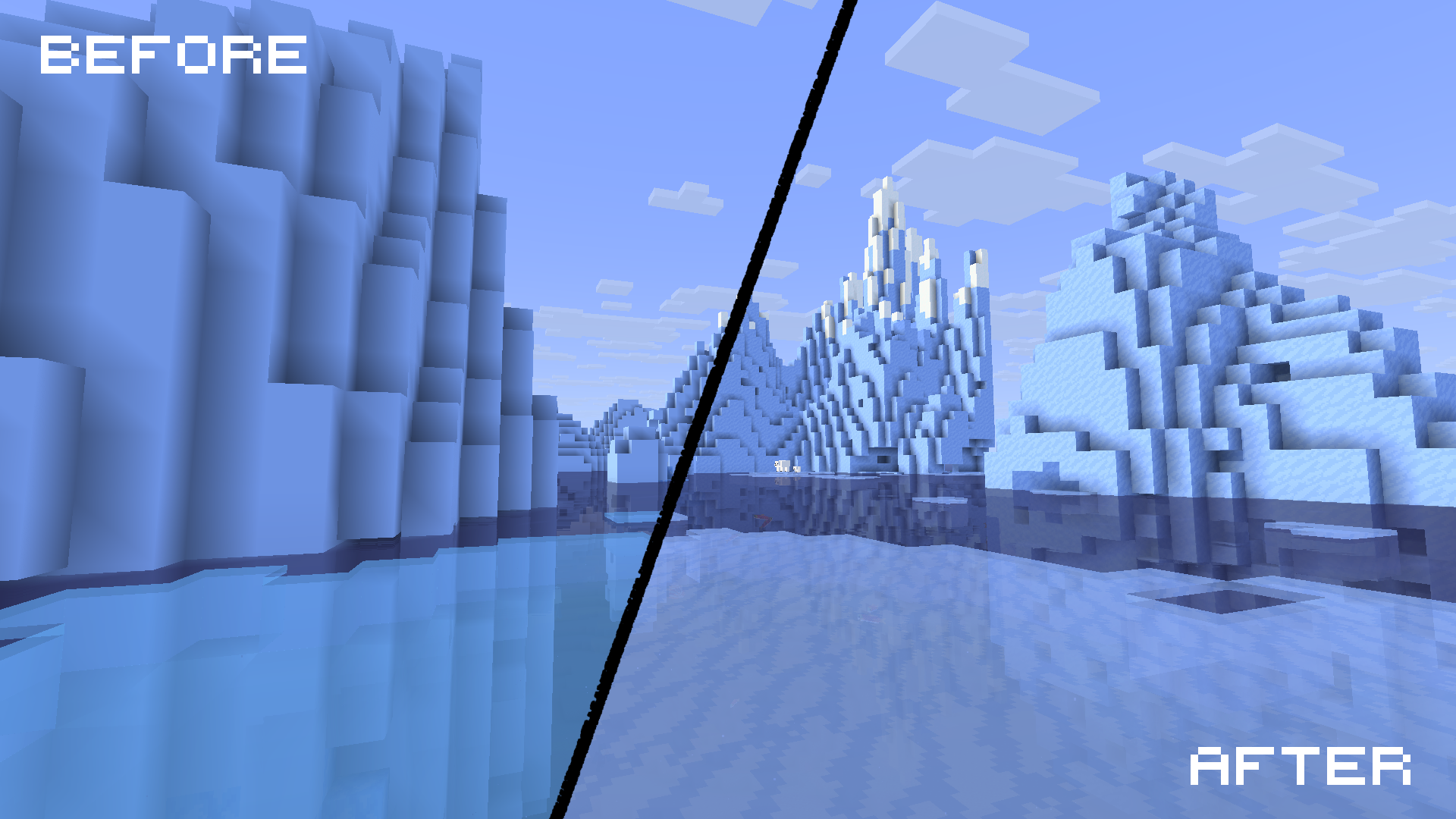 A before and after shot of a frozen ocean biome, with the after having more detailed ice blocks